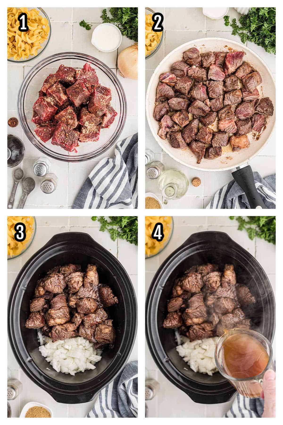 First four steps to the crock pot recipe for cubed chuck roast and egg noodles.