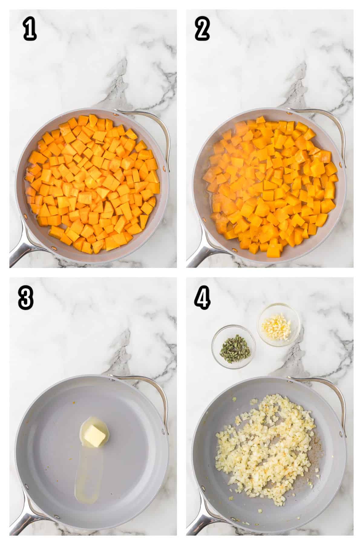 The first four steps to making the butternut squash orzo into a risotto. 