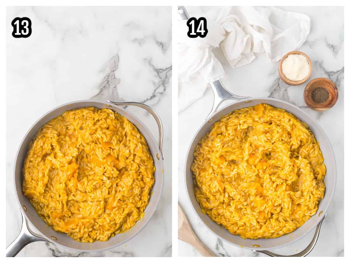 The fourth and final two steps to completing the creamy fall orzo dish with butternut squash. 