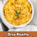 Overhead view of a white bowl filled with creamy golden orzo pasta covered in butternut squash sauce.