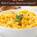 Side view of the orzo pasta made into a golden fall risotto recipe featuring butternut squash.