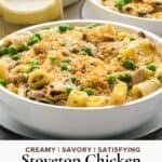 Side view of bowls with creamy chicken and mushroom rigatoni.