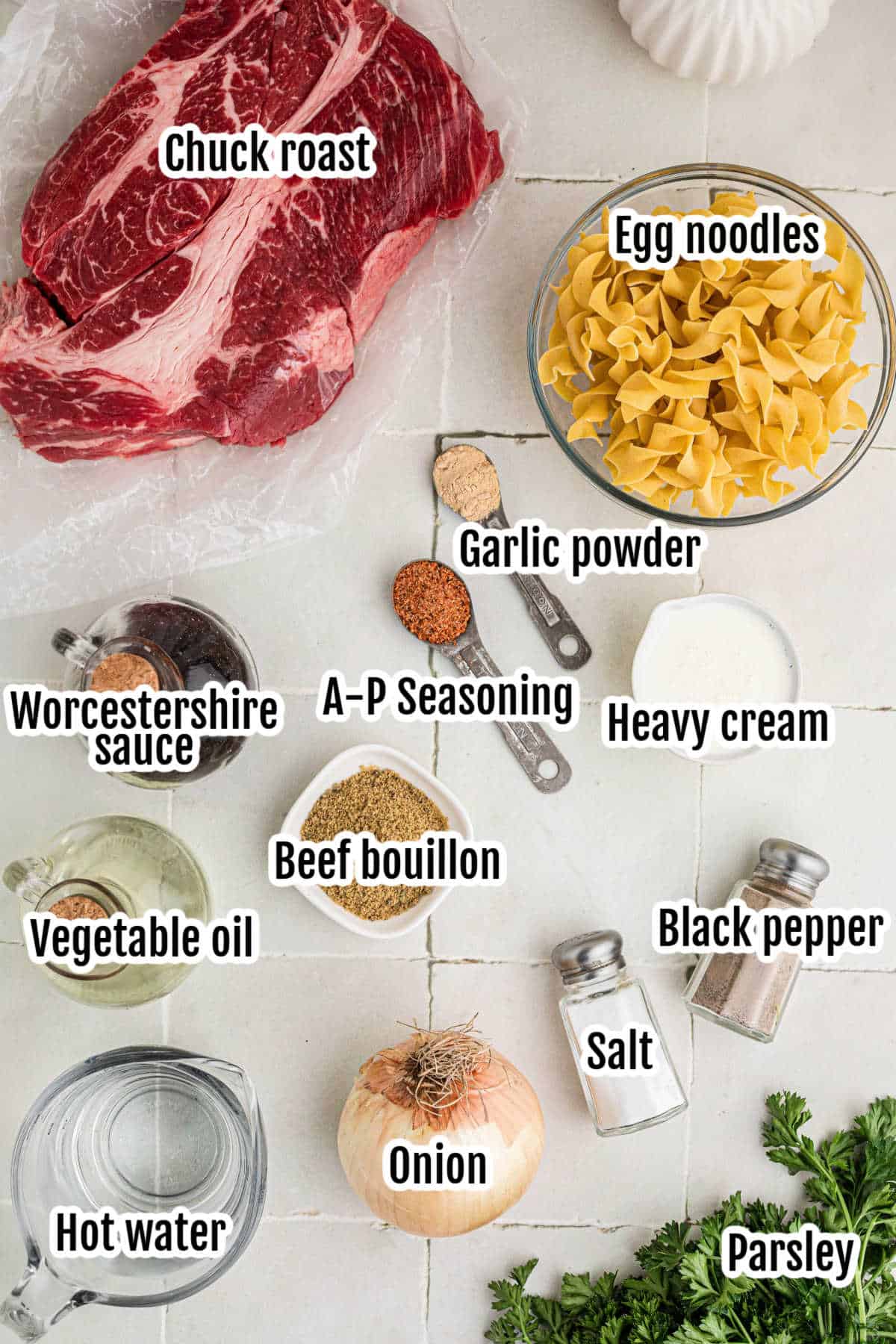 Image of the ingredients needed for the noodles-and-beef-in-gravy recipe.