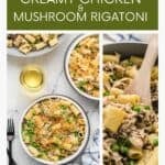 A collage features the easy chicken tetrazzini recipe thats made on the stove instead of baked.